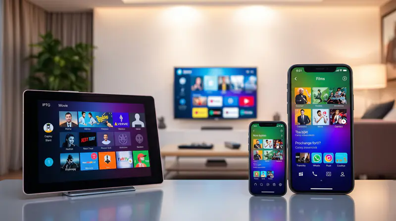 IPTV Canada on all devices: a smart TV, a tablet and two smartphones streaming live channels and movies